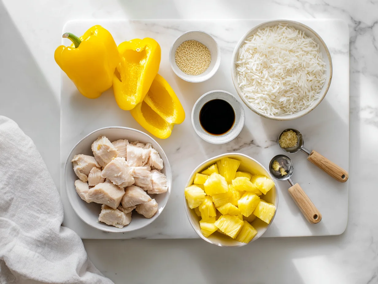 All ingredients measured and laid out on a cutting board