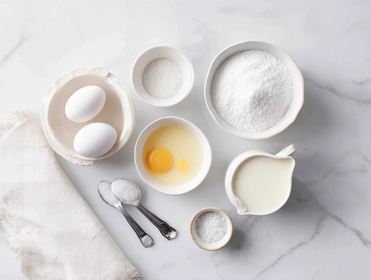 All ingredients for Velvety Caramel Flan Muffins laid out on a cutting board