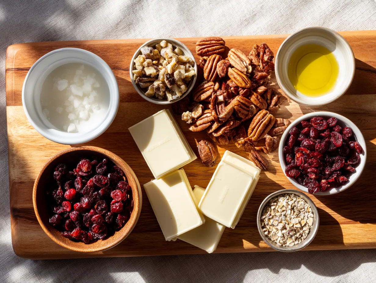 All ingredients for White Chocolate Cranberry Pecan Clusters laid out on a cutting board