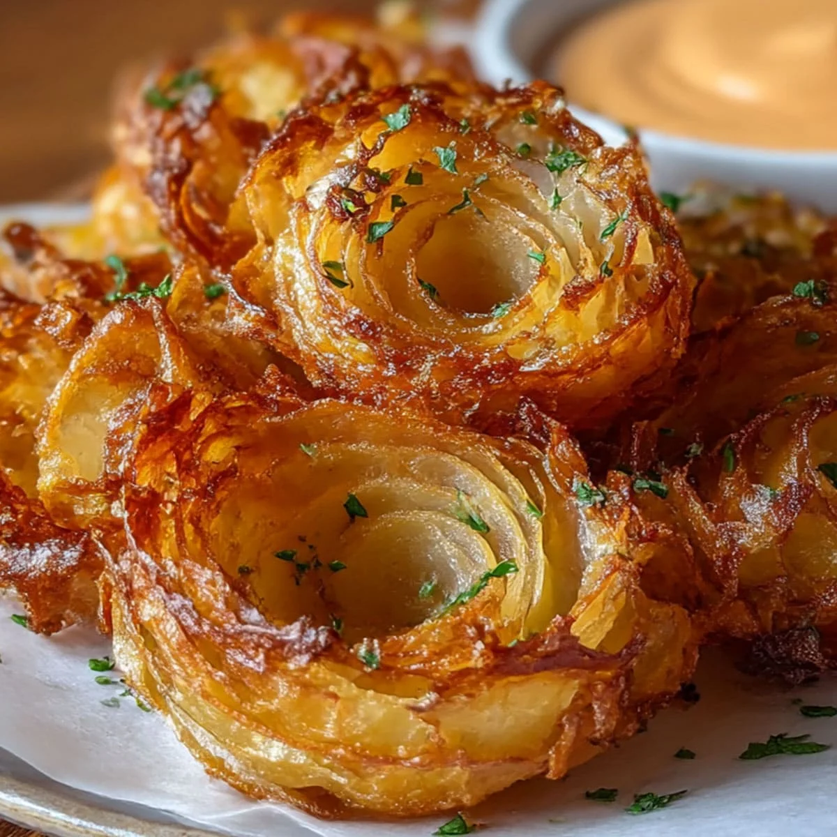 Best Air Fryer Crispy Mini Blooming Onions Recipe 5 Air Fryer Crispy Mini Blooming Onions plated with dipping sauce and fresh herbs