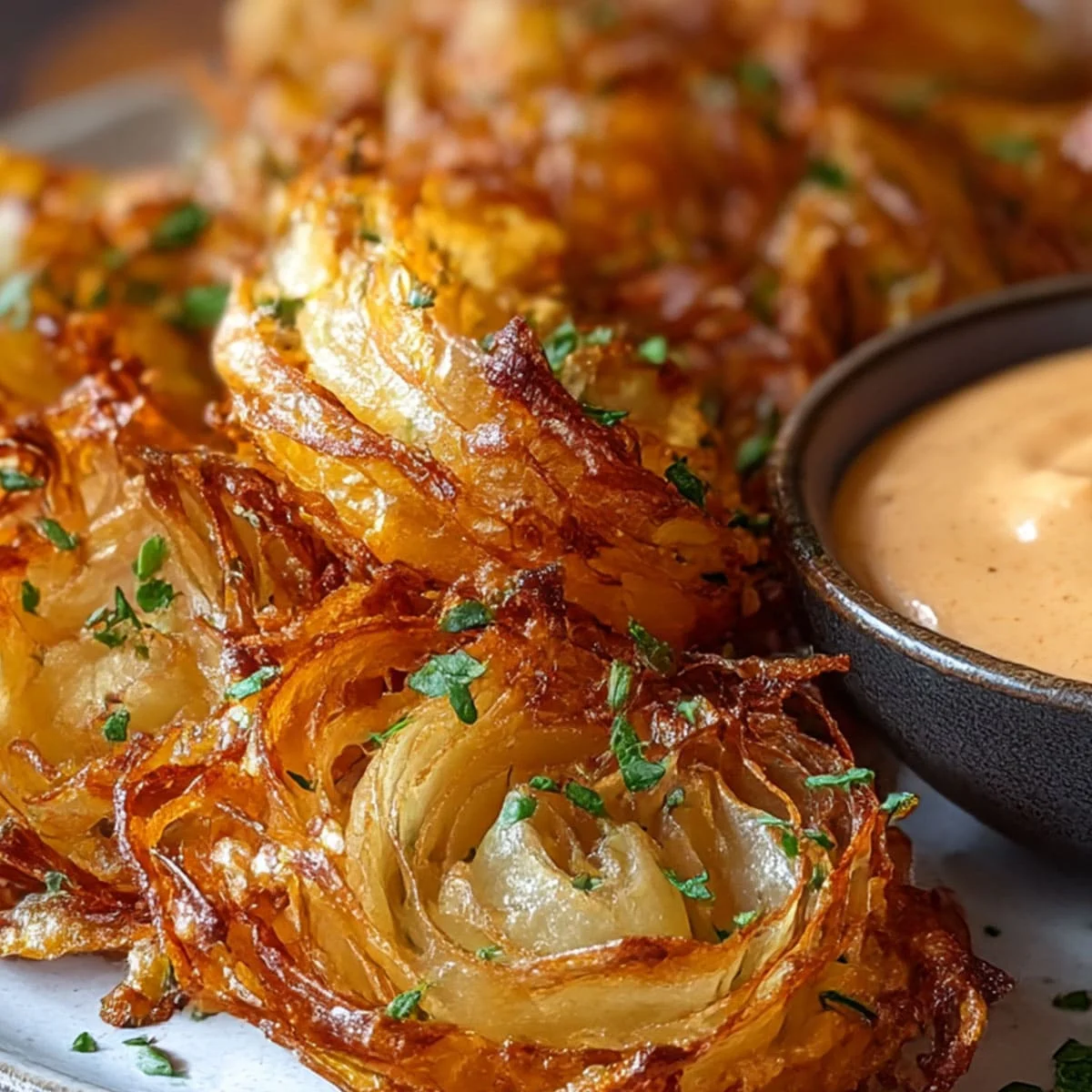 Best Air Fryer Crispy Mini Blooming Onions Recipe 4 Air Fryer Crispy Mini Blooming Onions close-up showing crispy layers and golden edges