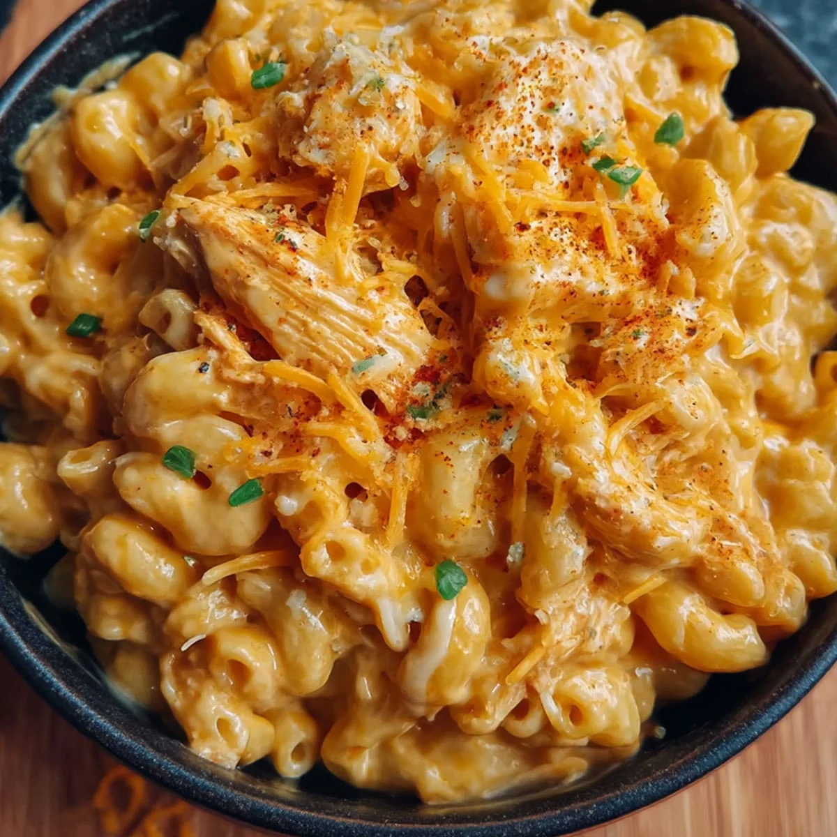 Buffalo Chicken Mac and Cheese topped with herbs and melted cheese