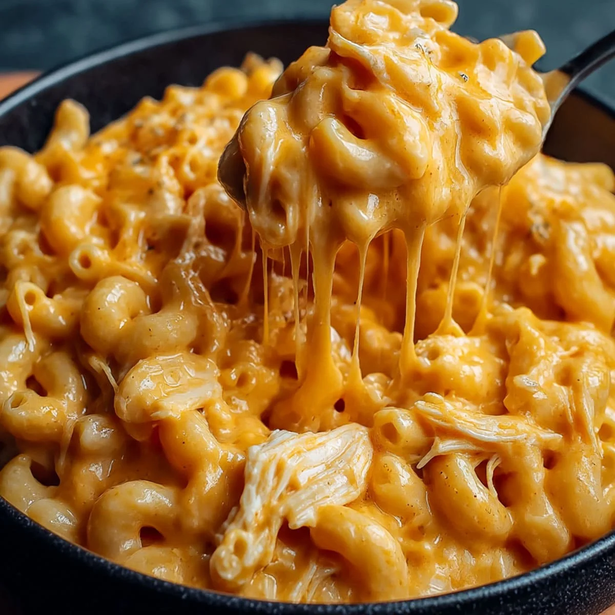 Buffalo Chicken Mac and Cheese creamy pasta with shredded chicken and melted cheddar