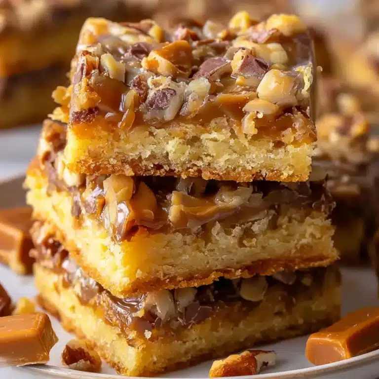 Cake Mix Toffee Bars stacked with gooey caramel layers and crunchy toffee topping
