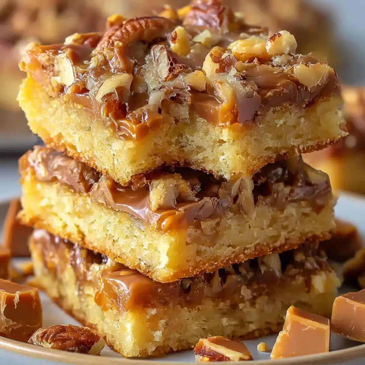 Cake Mix Toffee Bars with glossy caramel drizzle and crunchy topping