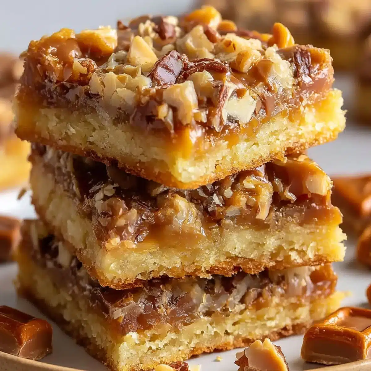 Homemade Cake Mix Toffee Bars with chewy texture and caramel toffee topping