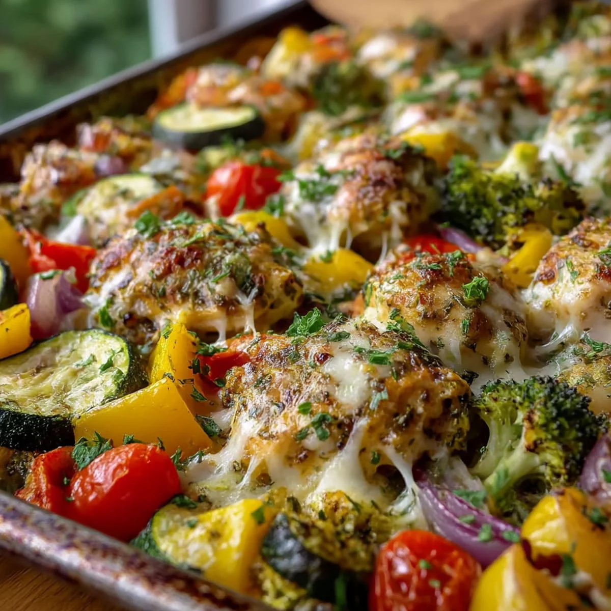Cheesy Chicken Veggie Sheet Pan Dinner Easy Meal 11 Close-up showing texture, garnish, and plating details