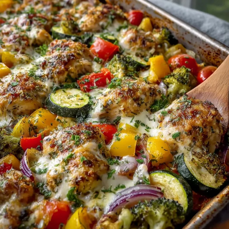 Cheesy Chicken Veggie Sheet Pan Dinner baked with broccoli peppers and melted cheese