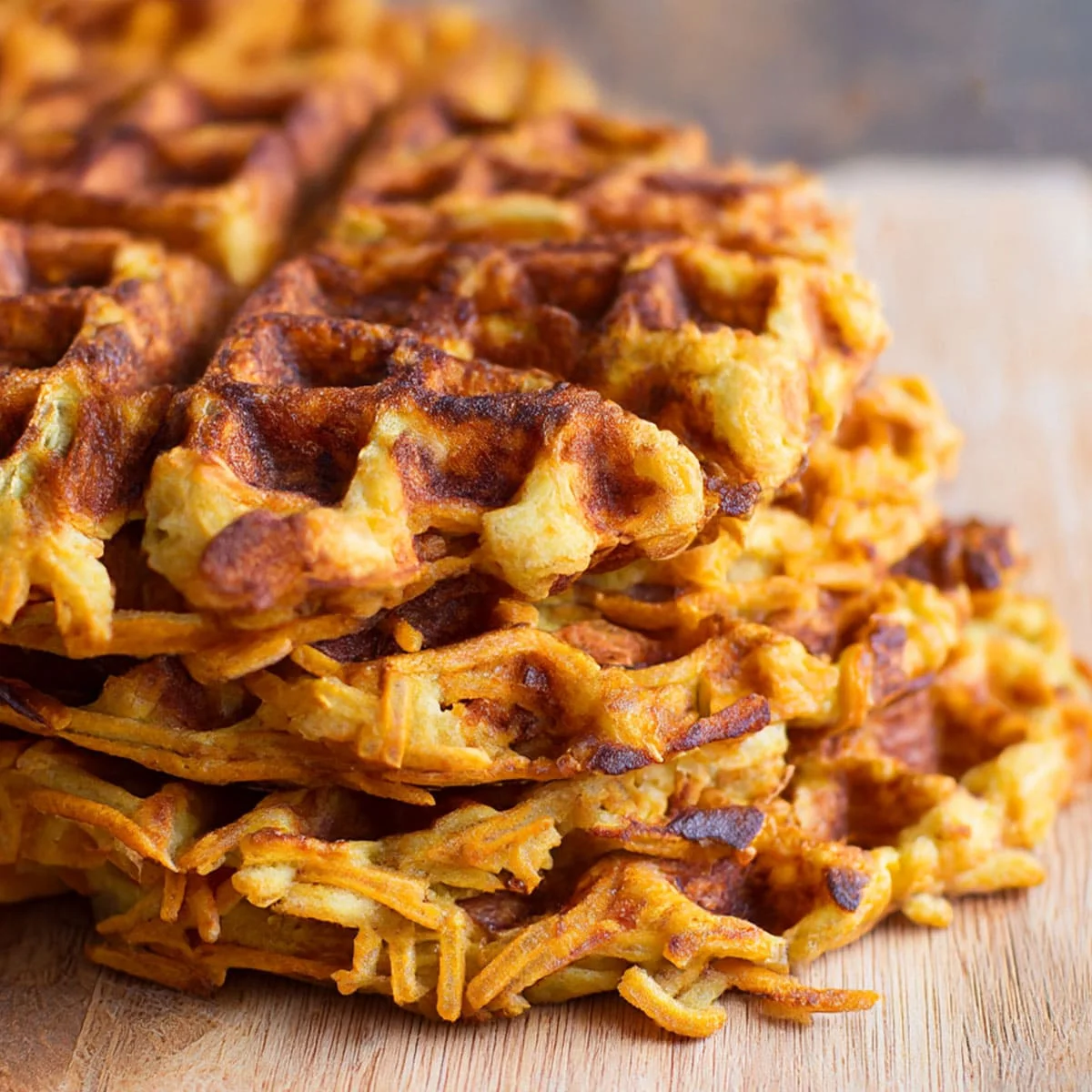 Stack of Cinnamon Apple Sweet Potato Waffles crispy and golden brown