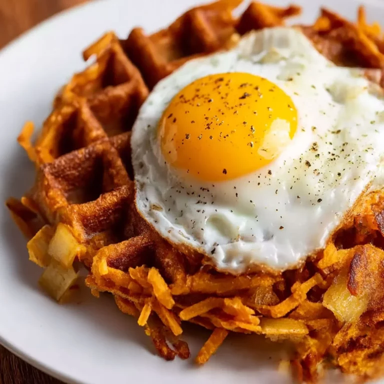 Cinnamon Apple Sweet Potato Waffles topped with a fried egg crispy golden texture