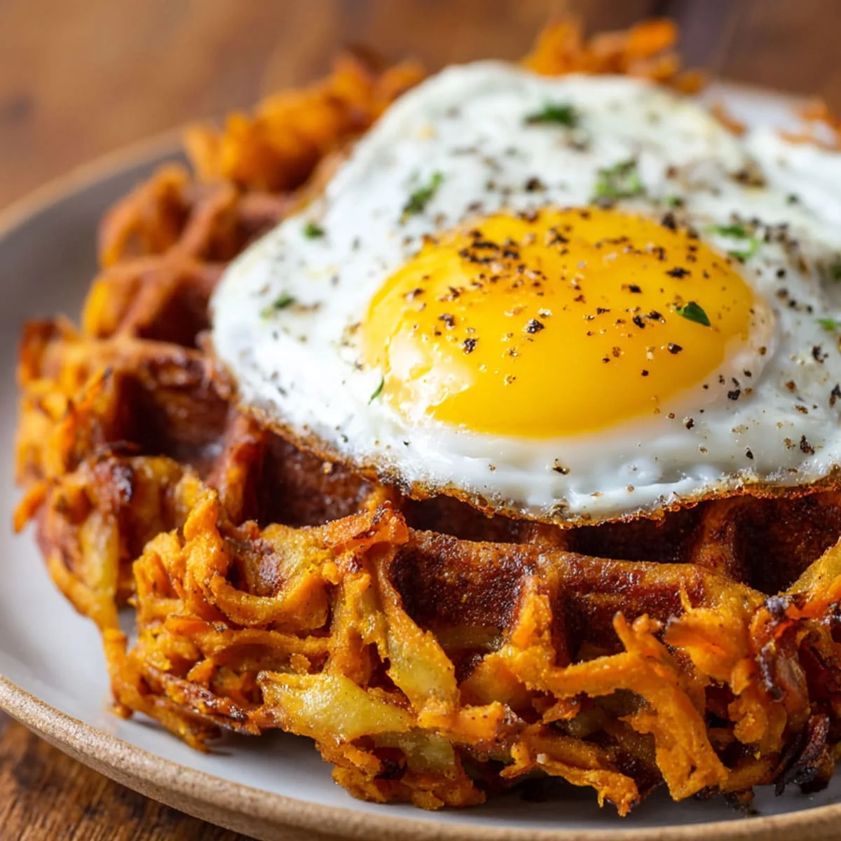 Cinnamon Apple Sweet Potato Waffles close-up with crispy edges and soft center