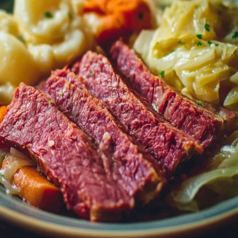 Corned Beef and Cabbage close up showing juicy tender sliced beef and cabbage