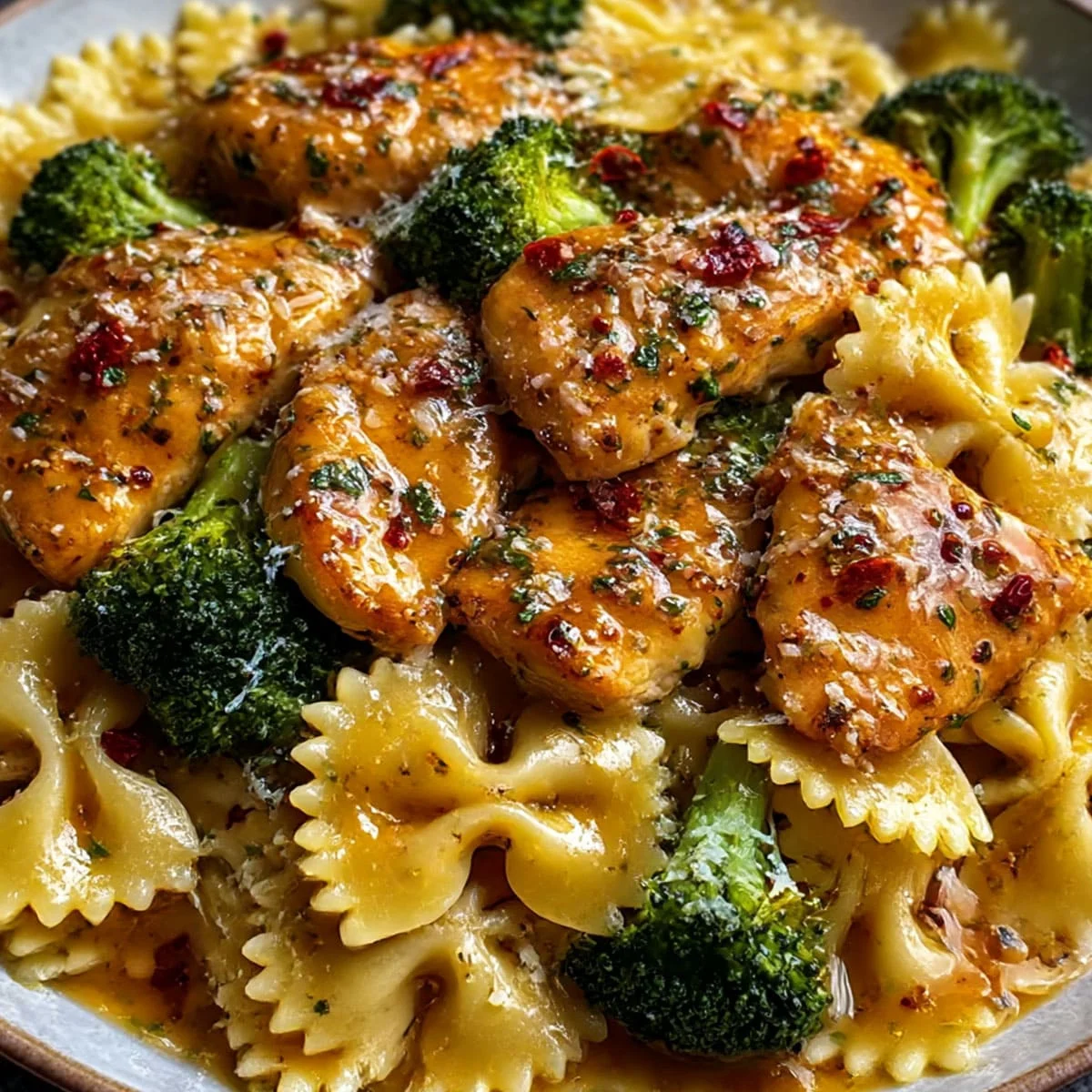Close-up Cowboy Butter Lemon Bowtie Chicken and Broccoli with crispy edges and herbs