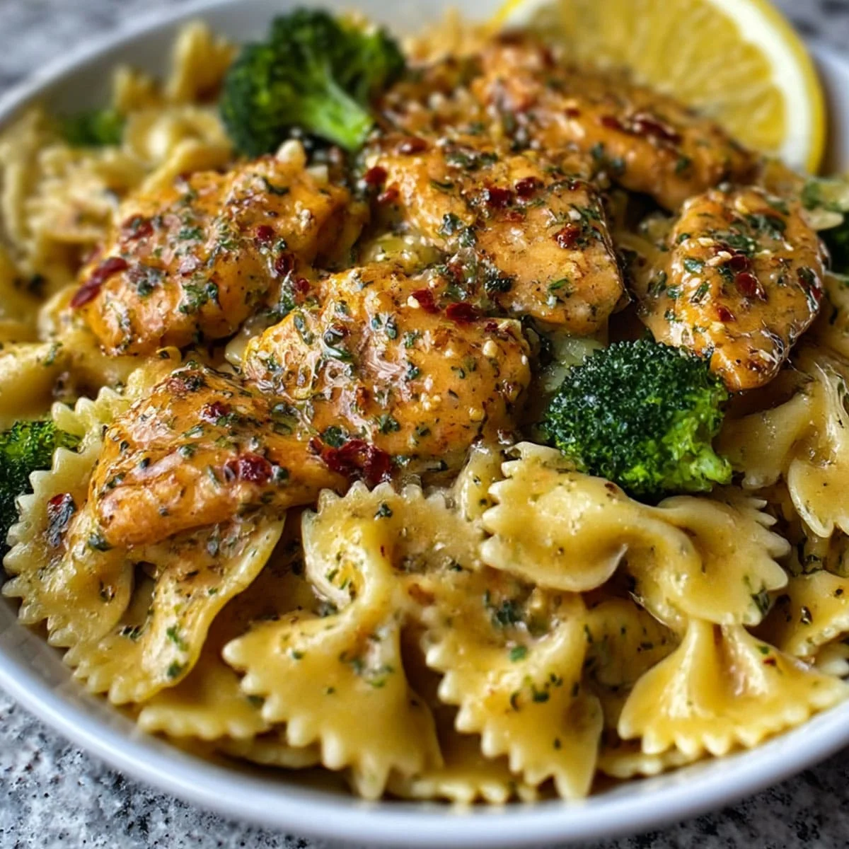 Cowboy Butter Lemon Bowtie Chicken and Broccoli served with lemon slice and creamy sauce