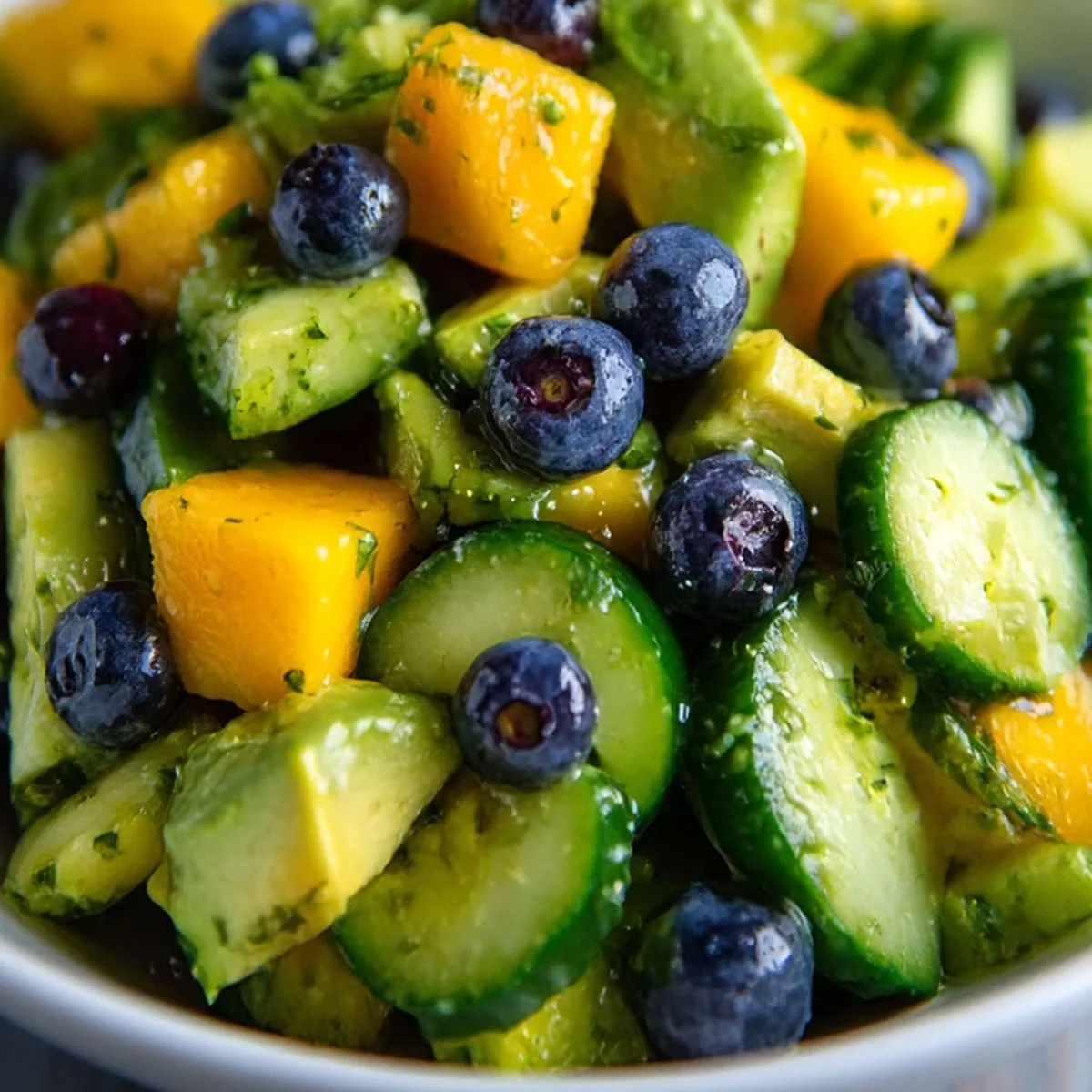 Mango Cucumber Salad healthy summer bowl with avocado and blueberries