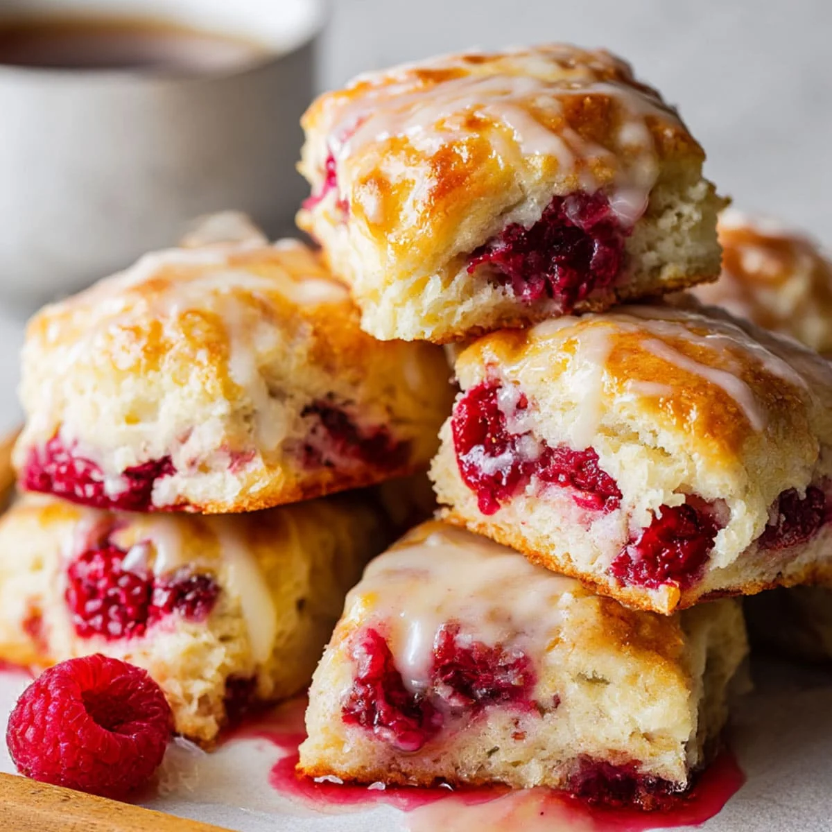 Raspberry Cream Cheese Biscuits stacked showing flaky layers and berry filling