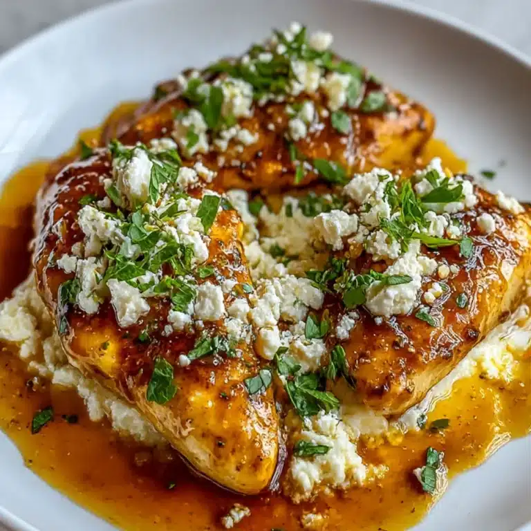 Hot Honey Feta Chicken close up showing juicy chicken with melted feta and glossy sauce