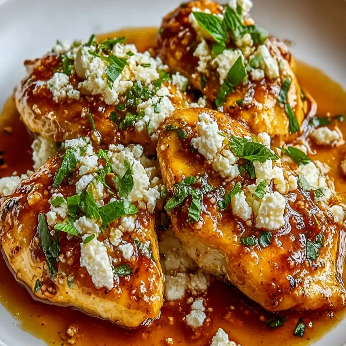 Hot Honey Feta Chicken with creamy feta and spicy honey glaze served on white plate