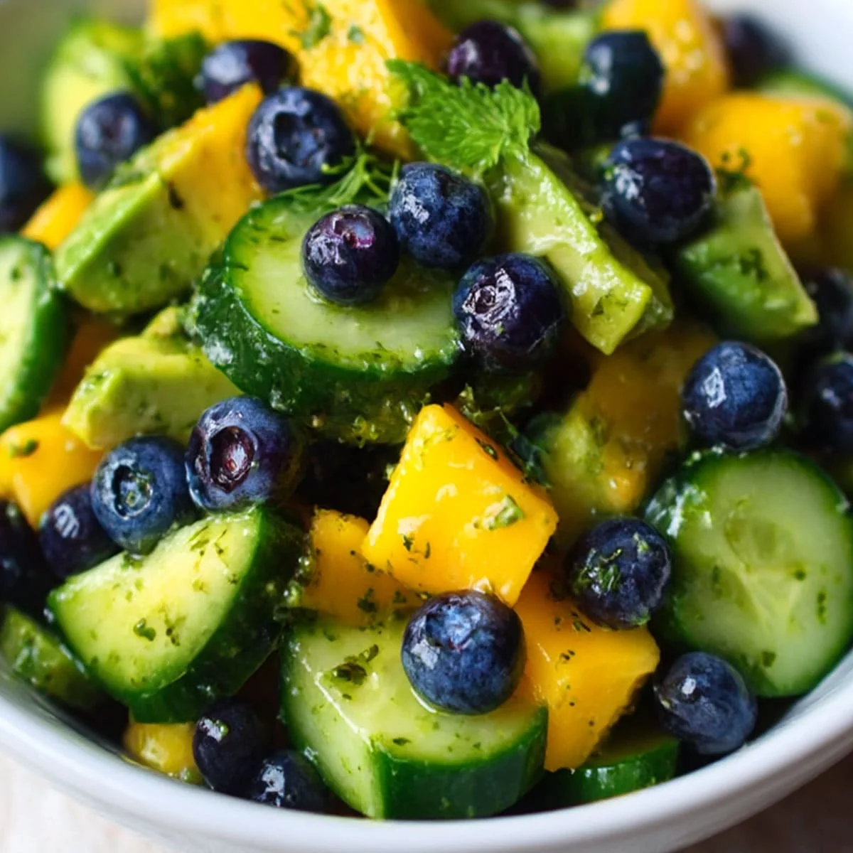 Mango Cucumber Salad close up with fresh cucumber avocado and blueberries