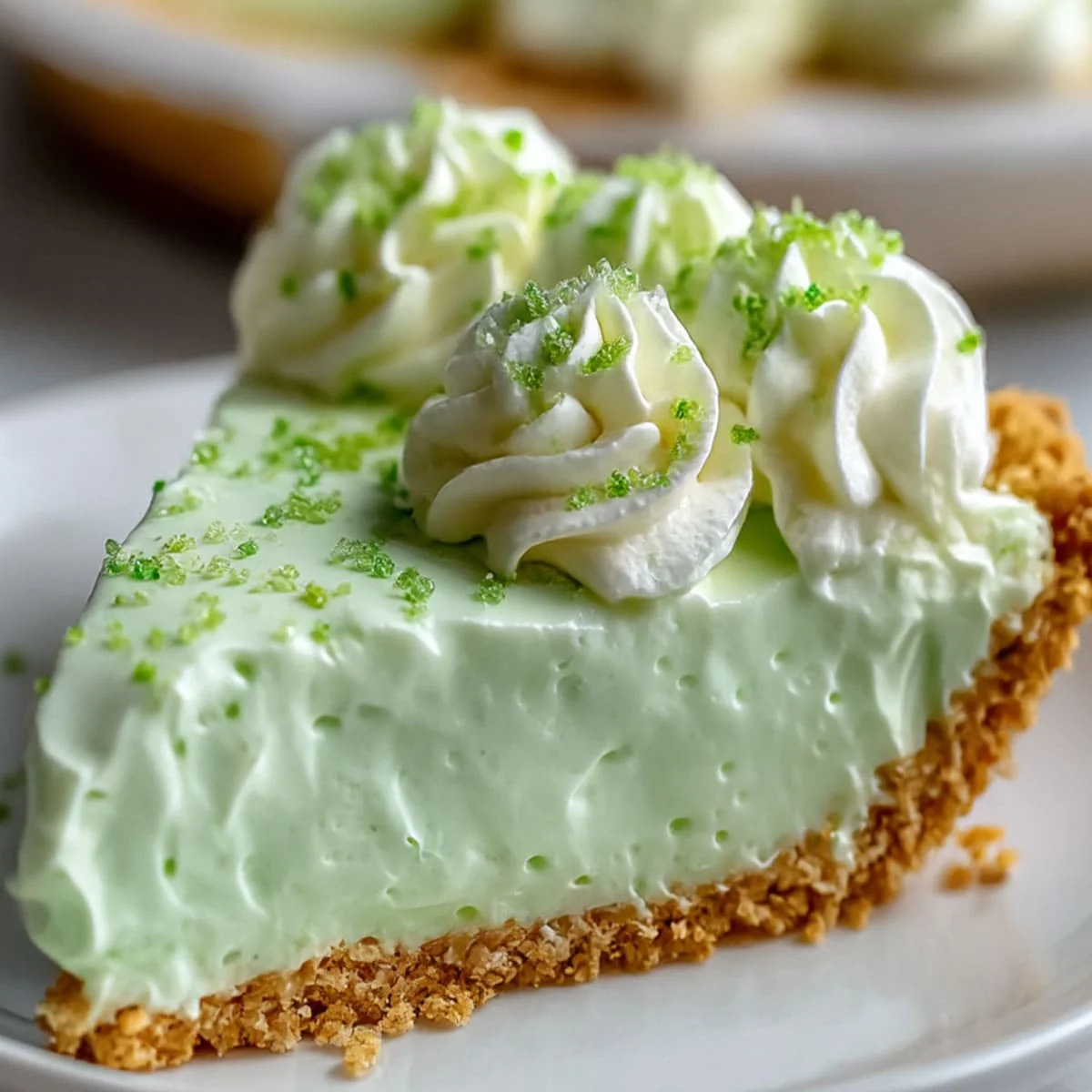 Shamrock Shake Pie creamy mint slice with whipped topping and graham crust