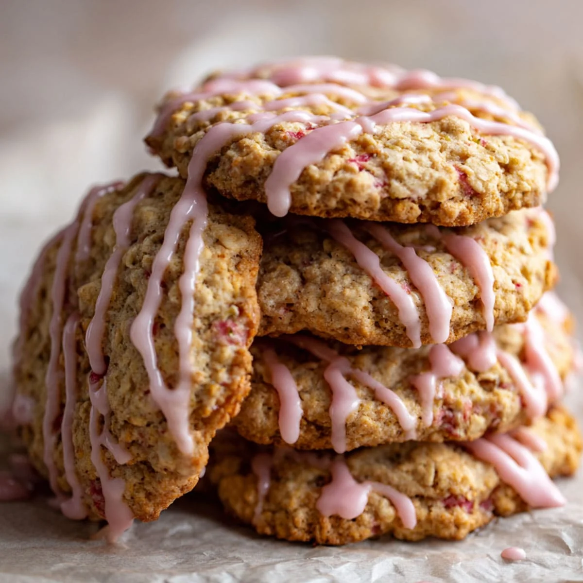 Strawberry Oatmeal Cookies with smooth pink glaze drizzle pattern
