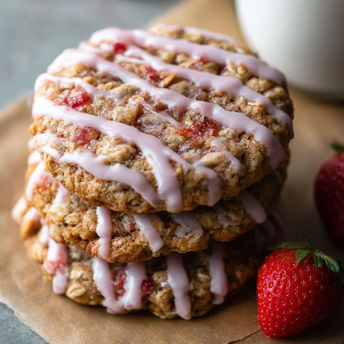 Strawberry Oatmeal Cookies stacked showing soft chewy centers