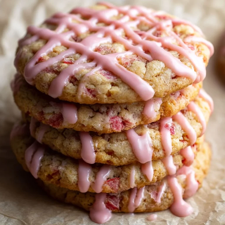 Strawberry Oatmeal Cookies stacked with pink glaze and fresh strawberries on the side
