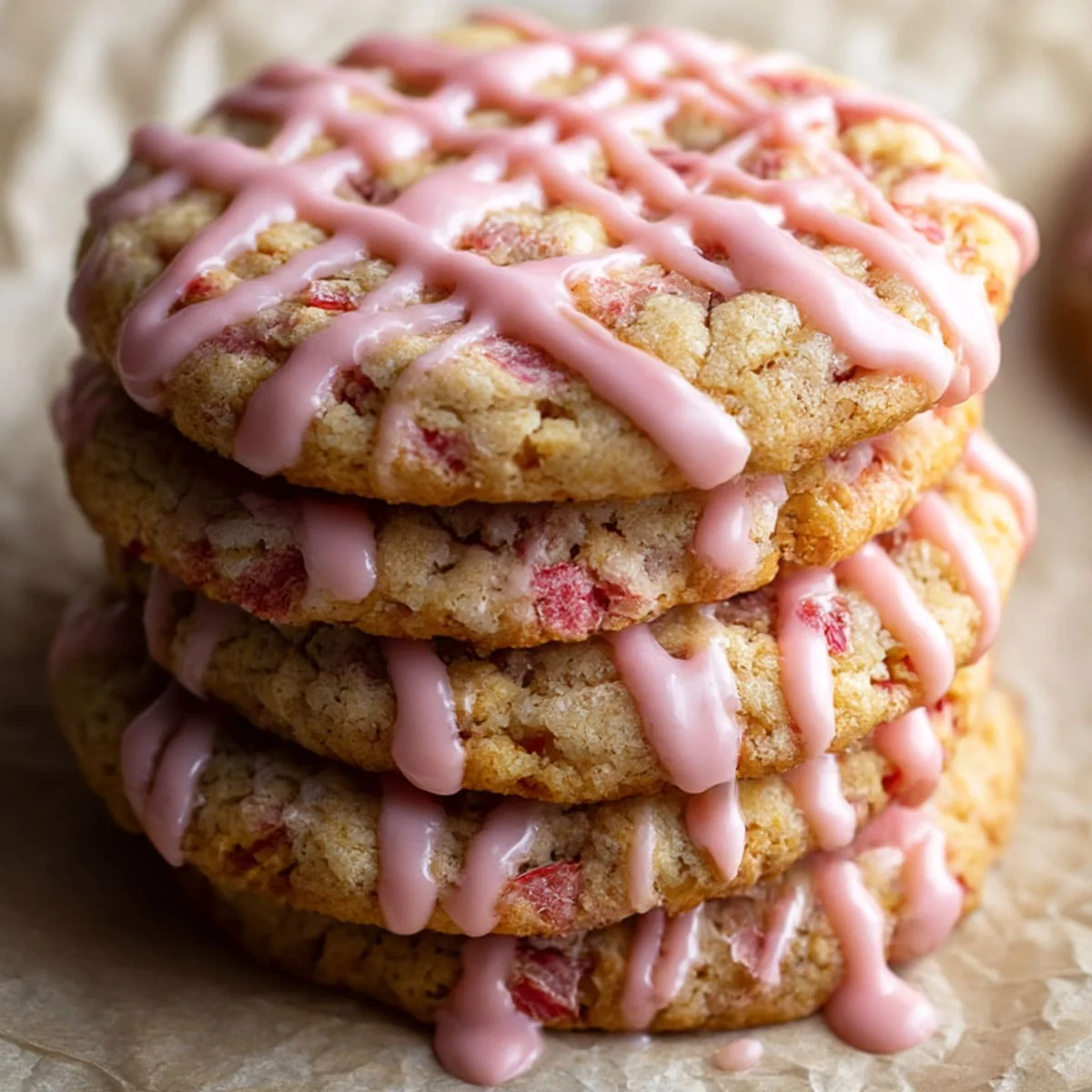 Strawberry Oatmeal Cookies stacked with pink glaze and fresh strawberries on the side