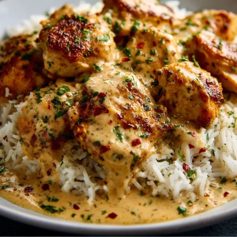 Smothered Chicken and Rice with creamy sauce over fluffy white rice