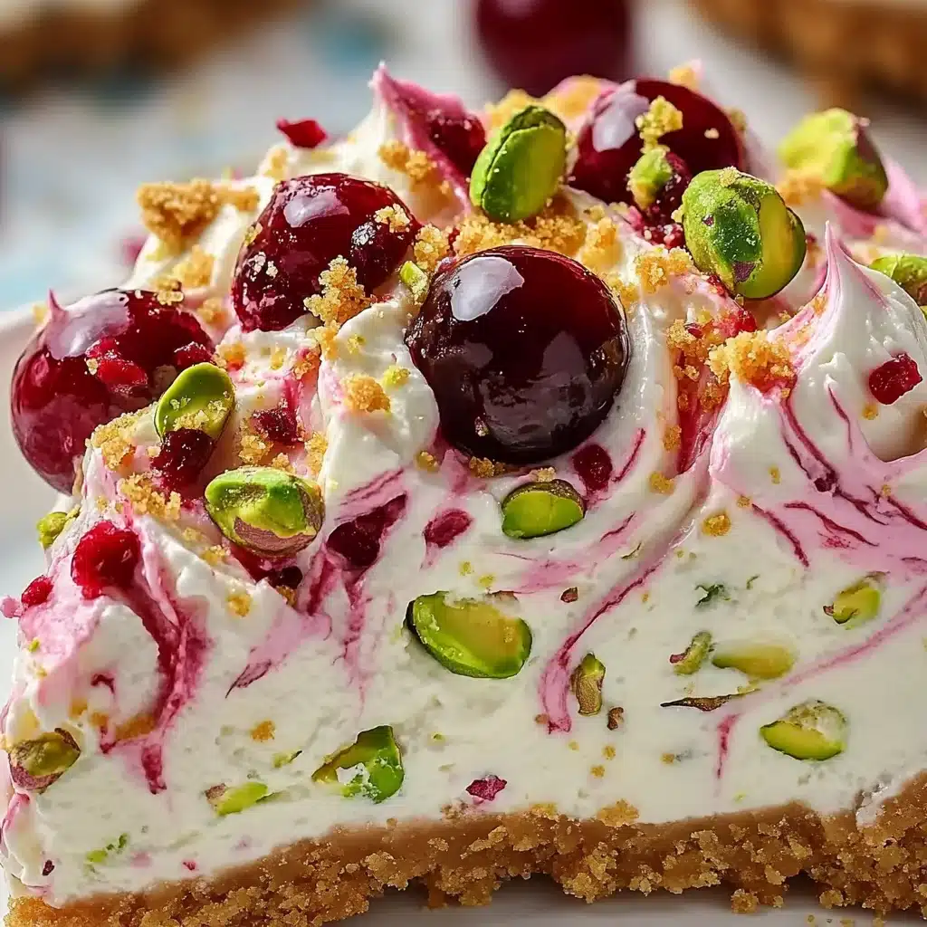 Close-up of lemon-lime cherry pistachio cheesecake texture with cherries and pistachios