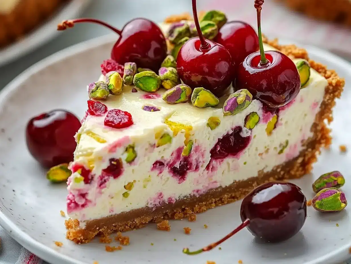 Lemon-Lime Cherry Pistachio Cheesecake Recipe 10 Lemon-lime cherry pistachio cheesecake slice with cherries and pistachios visible throughout