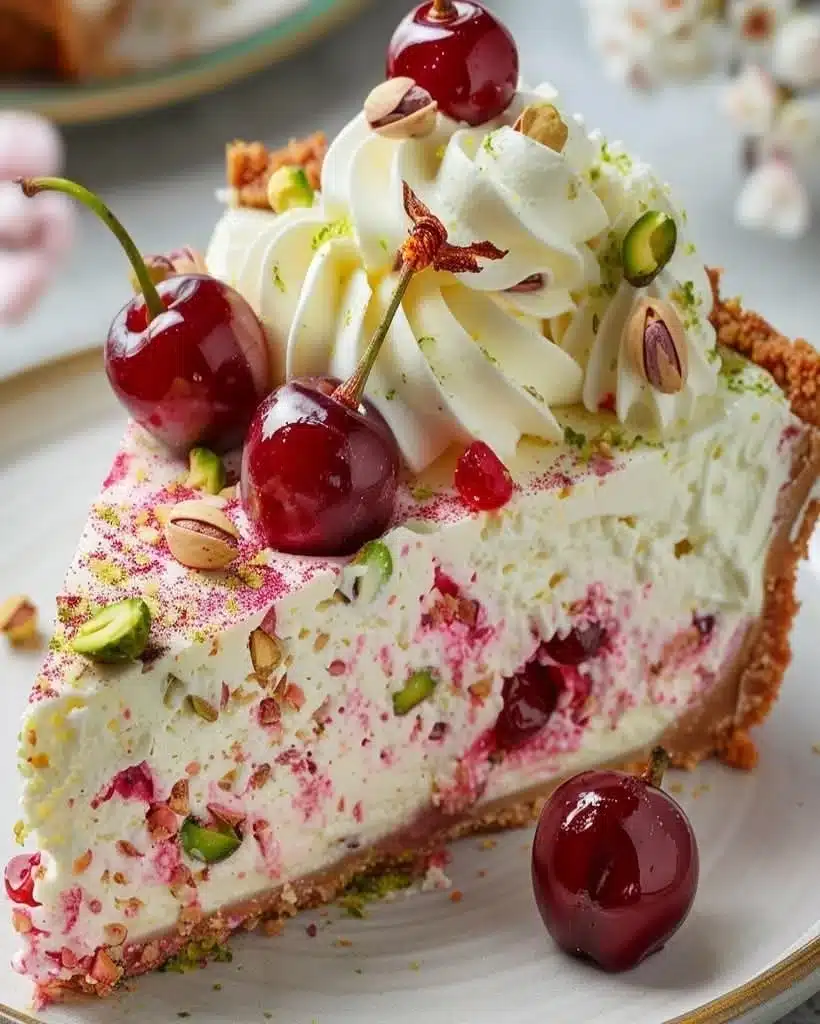 Lemon Lime Cherry Pistachio Cheesecake with whipped cream, fresh cherries and pistachios