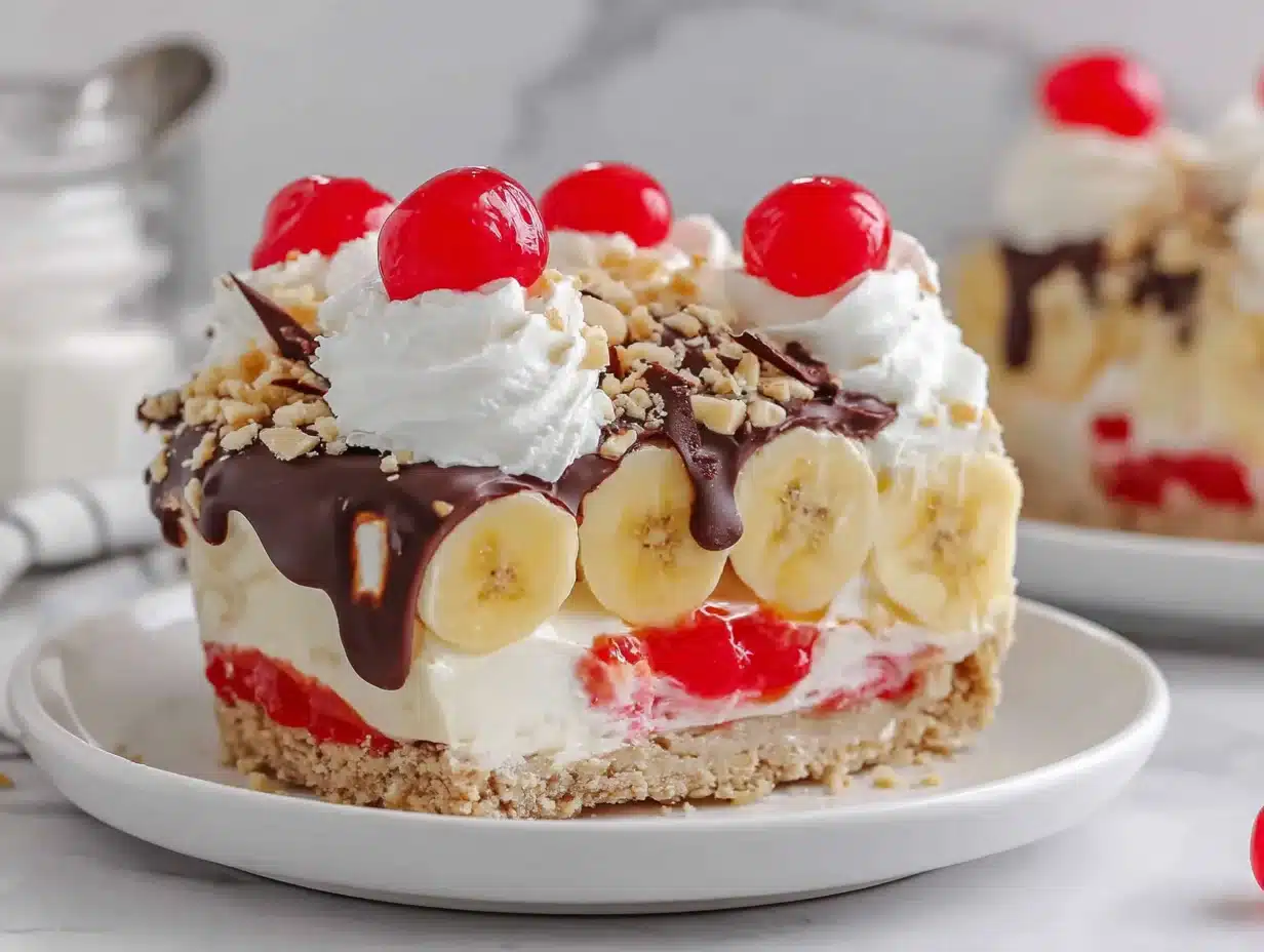 No-Bake Banana Split Cheesecake slice on a plate, ready to enjoy