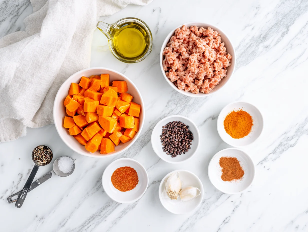 All ingredients measured and laid out on a cutting board