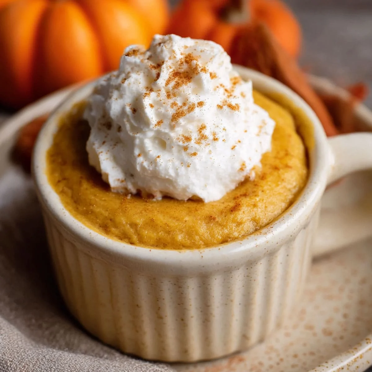 90-Second Pumpkin Pie Cheesecake 5 90 second pumpkin pie cheesecake in a mug topped with whipped cream and cinnamon