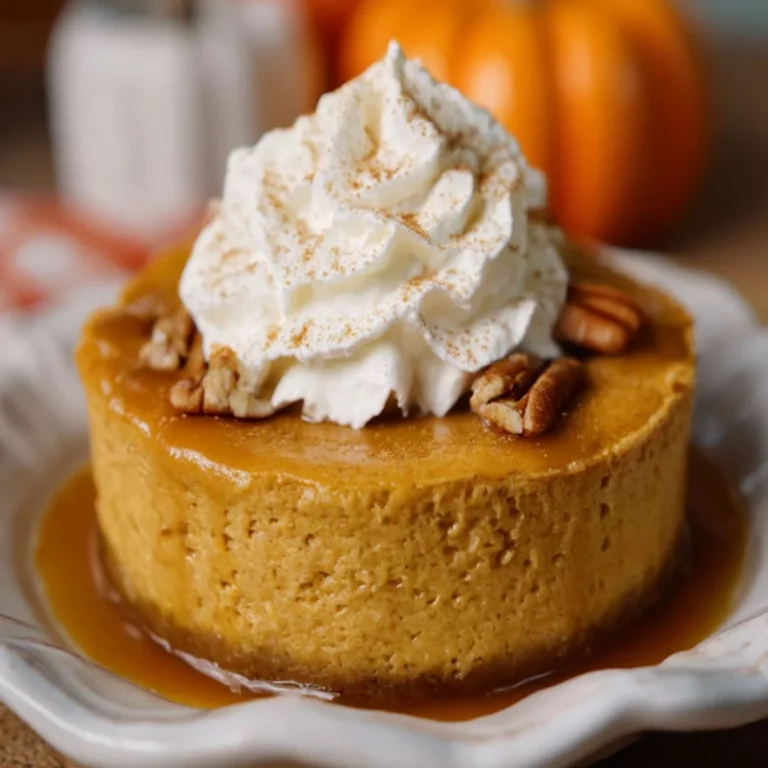 90 second pumpkin pie cheesecake topped with whipped cream, caramel sauce, and pecans