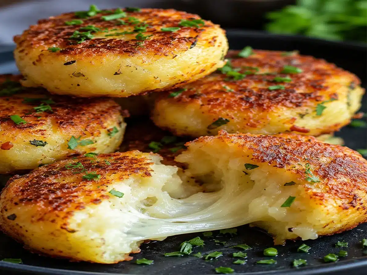 Gooey Cheese Stuffed Potato Cakes | Easy Dinner 3 Close-up of Cheese Stuffed Potato Cakes with melted cheese filling and crispy breadcrumb coating