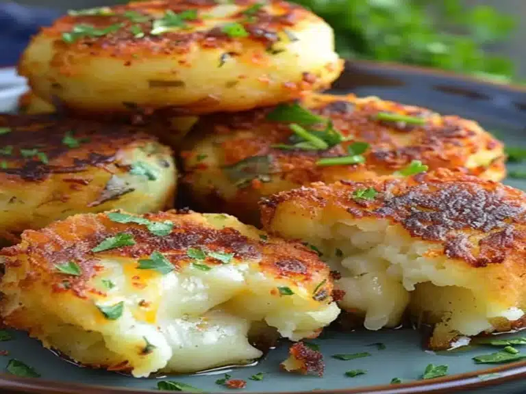 Cheese Stuffed Potato Cakes with crispy golden crust and gooey melted cheese center
