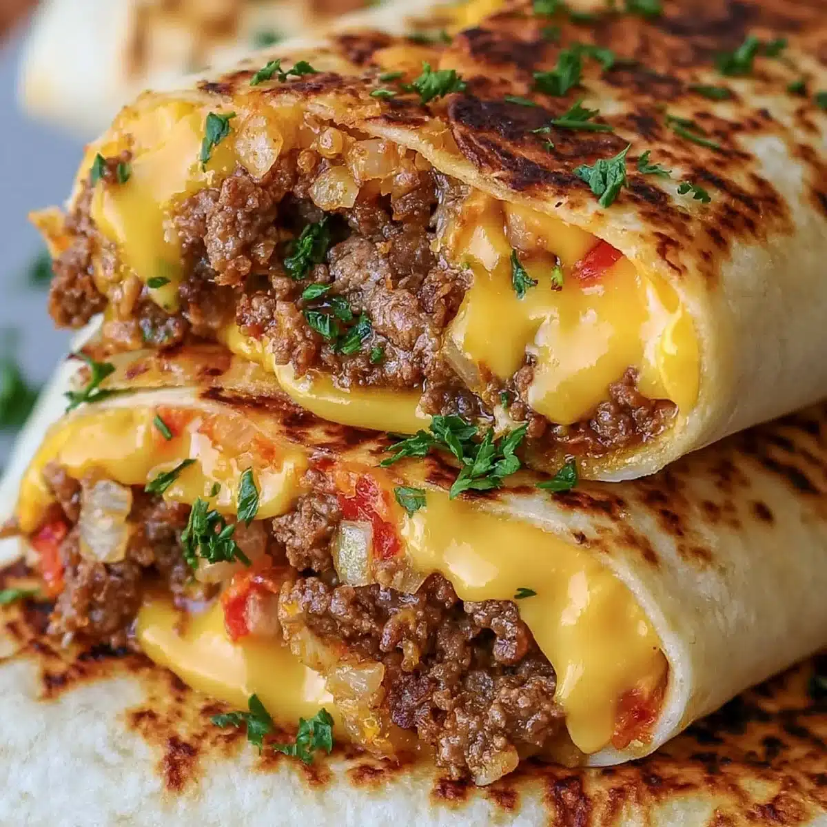 Cheeseburger Wraps – Easy Family Dinner in 25 Min 5 Cheeseburger Wraps sliced open with juicy beef, melted cheddar, diced onions, and fresh parsley garnish