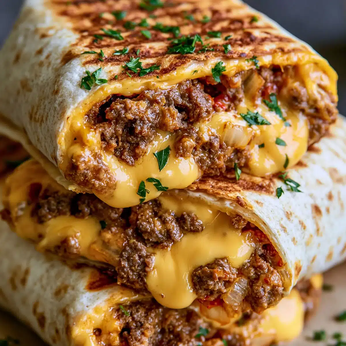 Cheeseburger Wraps – Easy Family Dinner in 25 Min 4 Cheeseburger Wraps showing seasoned ground beef, melted cheese, onions, and golden tortilla layers