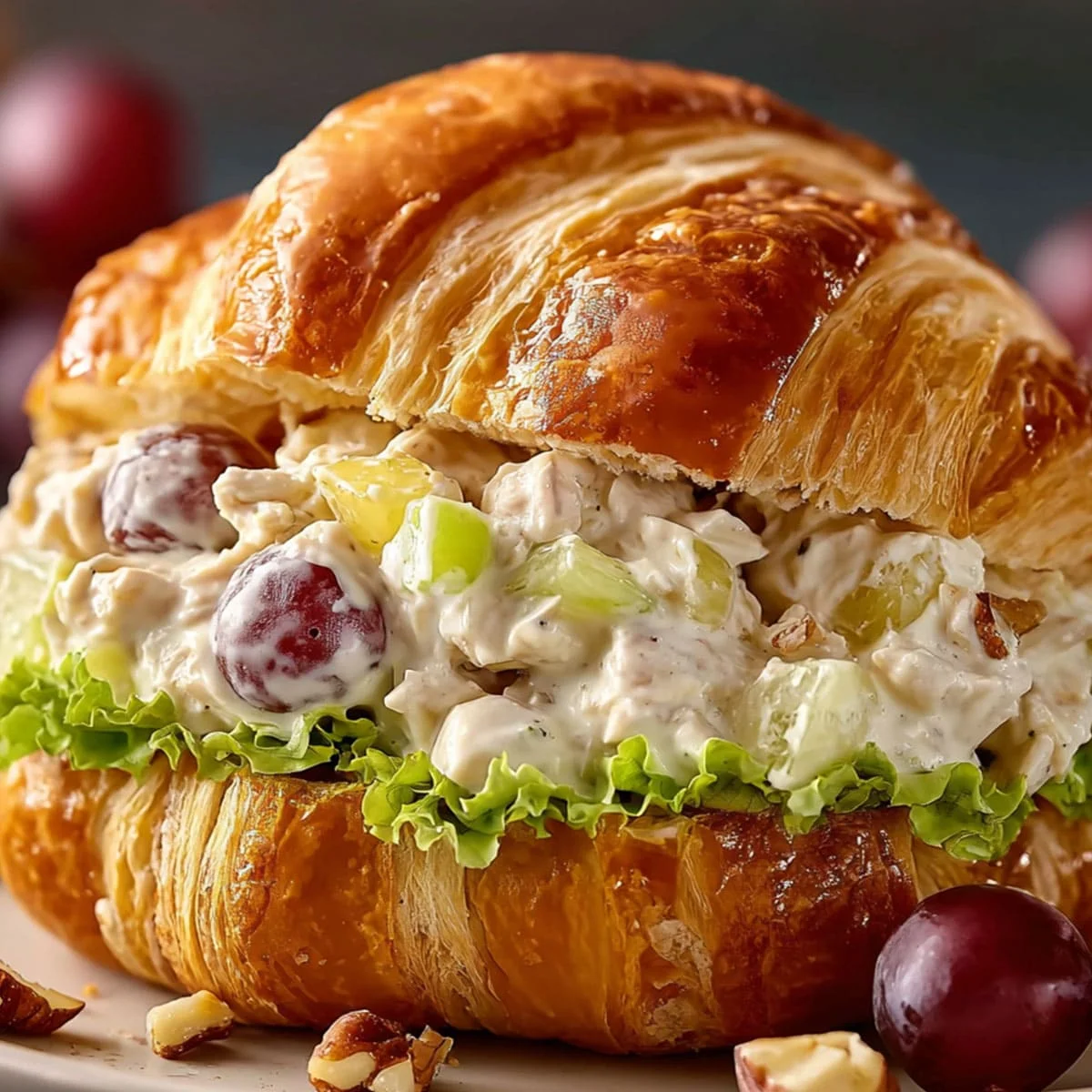 Chicken Salad Recipe – Easy Creamy Lunch Idea 5 Chicken Salad croissant sandwich with grapes, apples, and creamy dressing