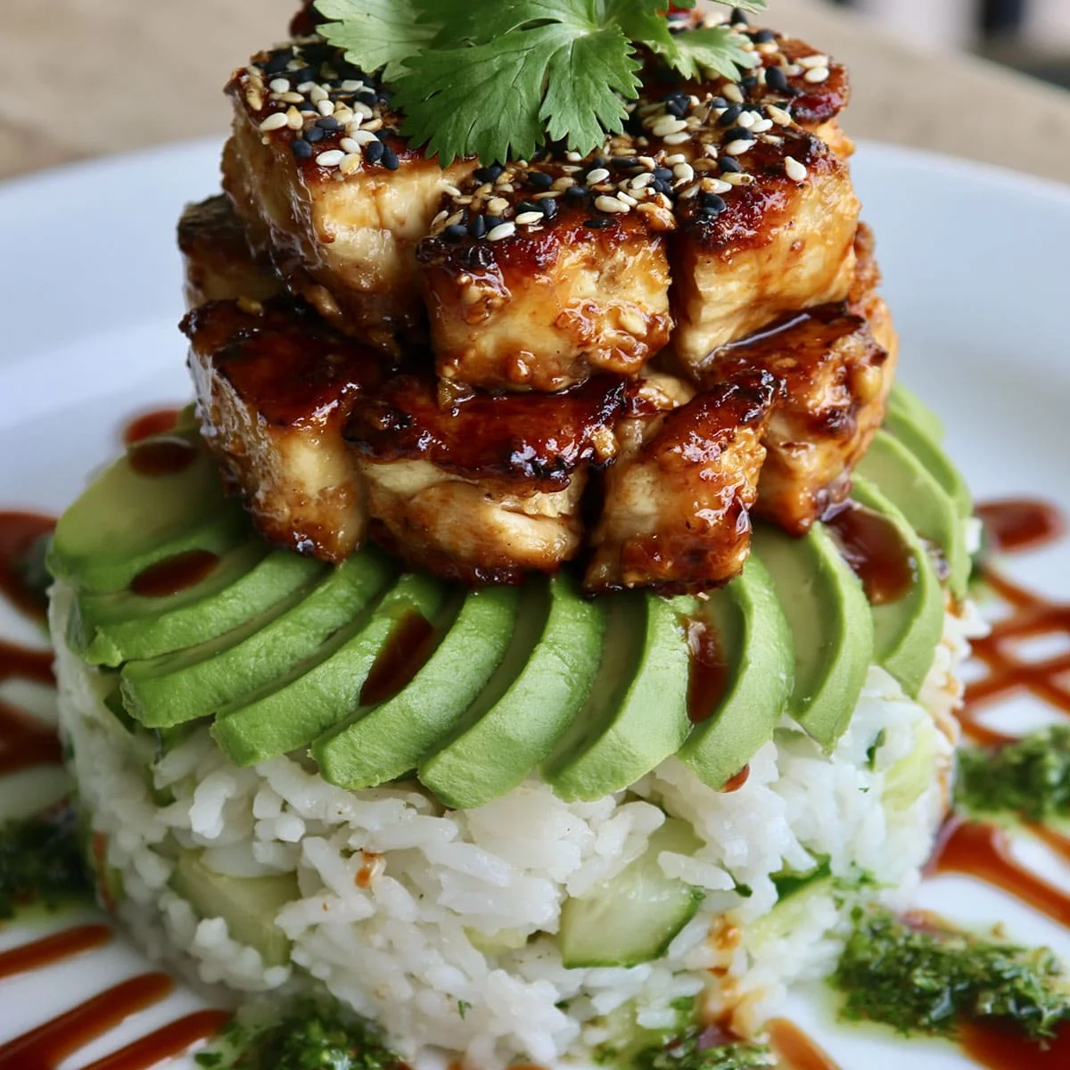 Elegant Teriyaki Chicken Avocado Rice Stack Meal 10 Beautifully served on a plate, ready to enjoy