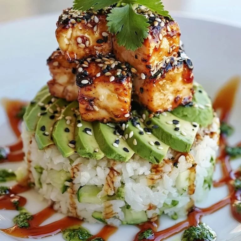 Teriyaki Chicken Avocado Rice Stack with glazed chicken cubes and creamy avocado layered over seasoned rice