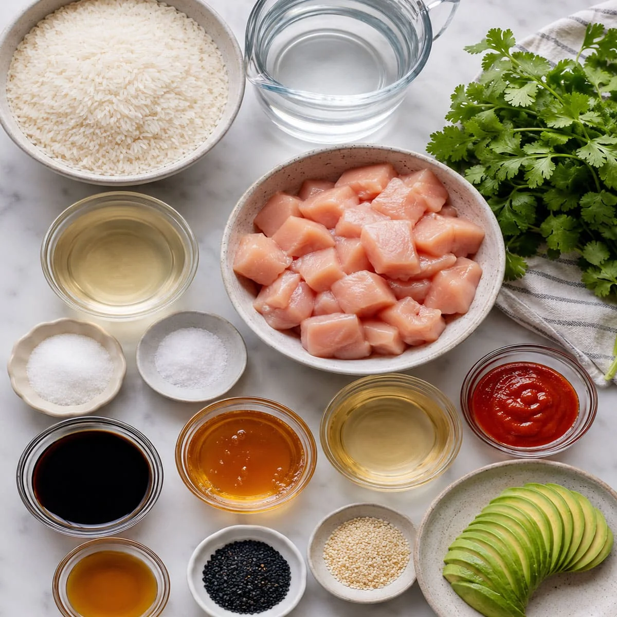 Elegant Teriyaki Chicken Avocado Rice Stack Meal 8 All ingredients measured and laid out on a cutting board