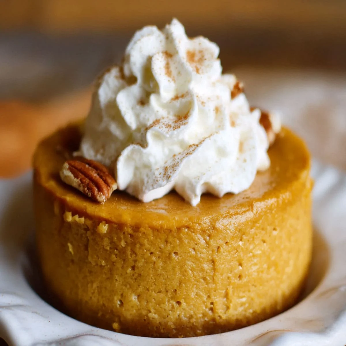 90-Second Pumpkin Pie Cheesecake 4 90 second pumpkin pie cheesecake with whipped cream and cinnamon on top