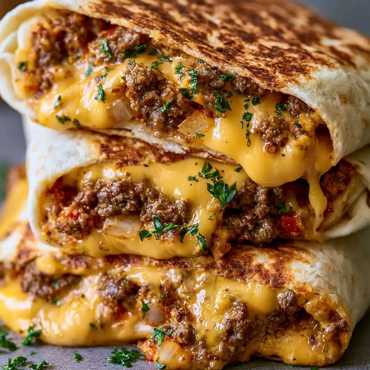 Cheeseburger Wraps filled with juicy ground beef, melted cheddar cheese, onions, and crispy toasted tortillas