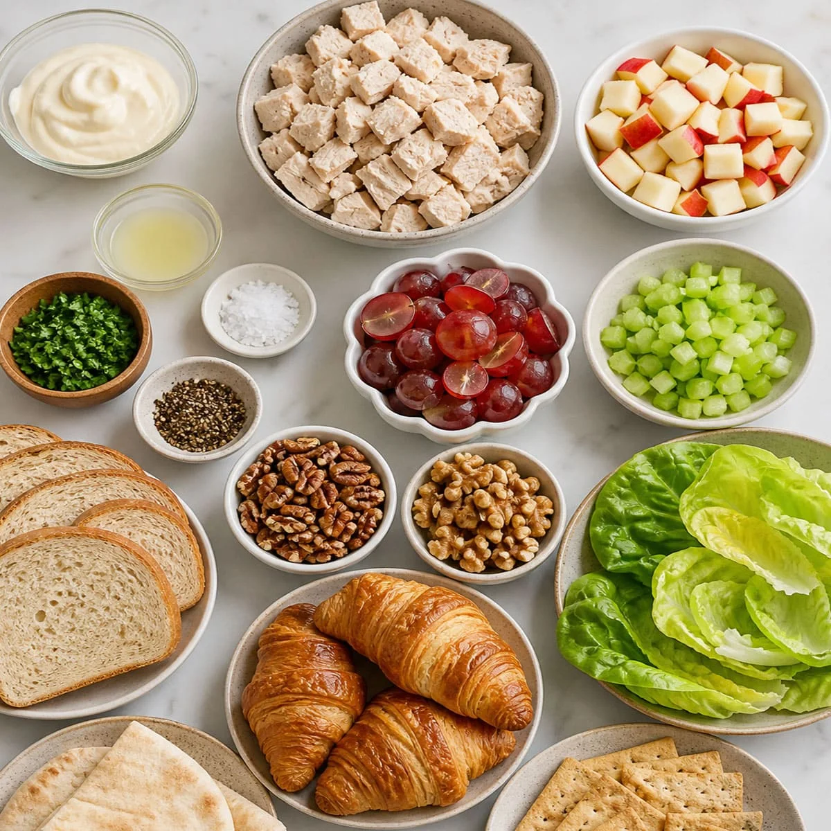 Chicken Salad Recipe – Easy Creamy Lunch Idea 4 Chicken Salad ingredients including chicken, grapes, apples, celery, and dressing
