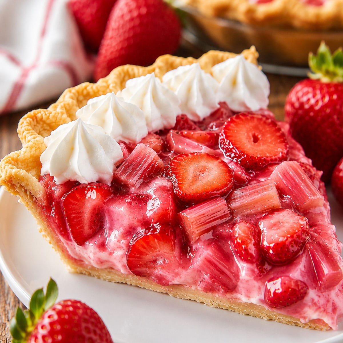 Strawberry Rhubarb Pie close-up showing glossy strawberries, chunky rhubarb, creamy filling, and whipped cream peaks