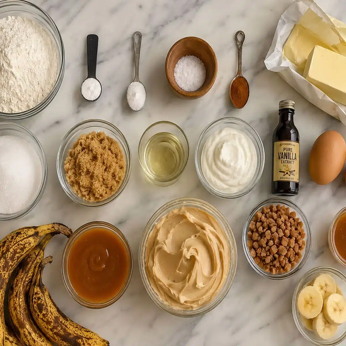 Banana cupcakes ingredients with flour, butter, sugars, sour cream, eggs, vanilla, ripe bananas, caramel sauce, and frosting.