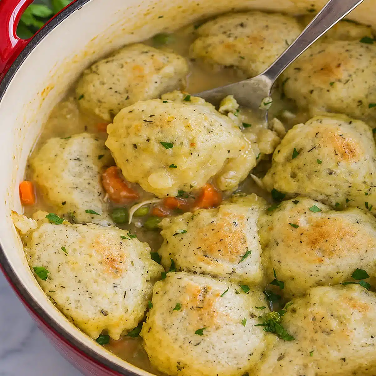 Easiest Bisquick Chicken and Dumplings (Only 4 Ingredients!) 3 Bisquick Chicken and Dumplings served in a red Dutch oven with fluffy golden dumplings, creamy chicken gravy, carrots, herbs, and a serving spoon.